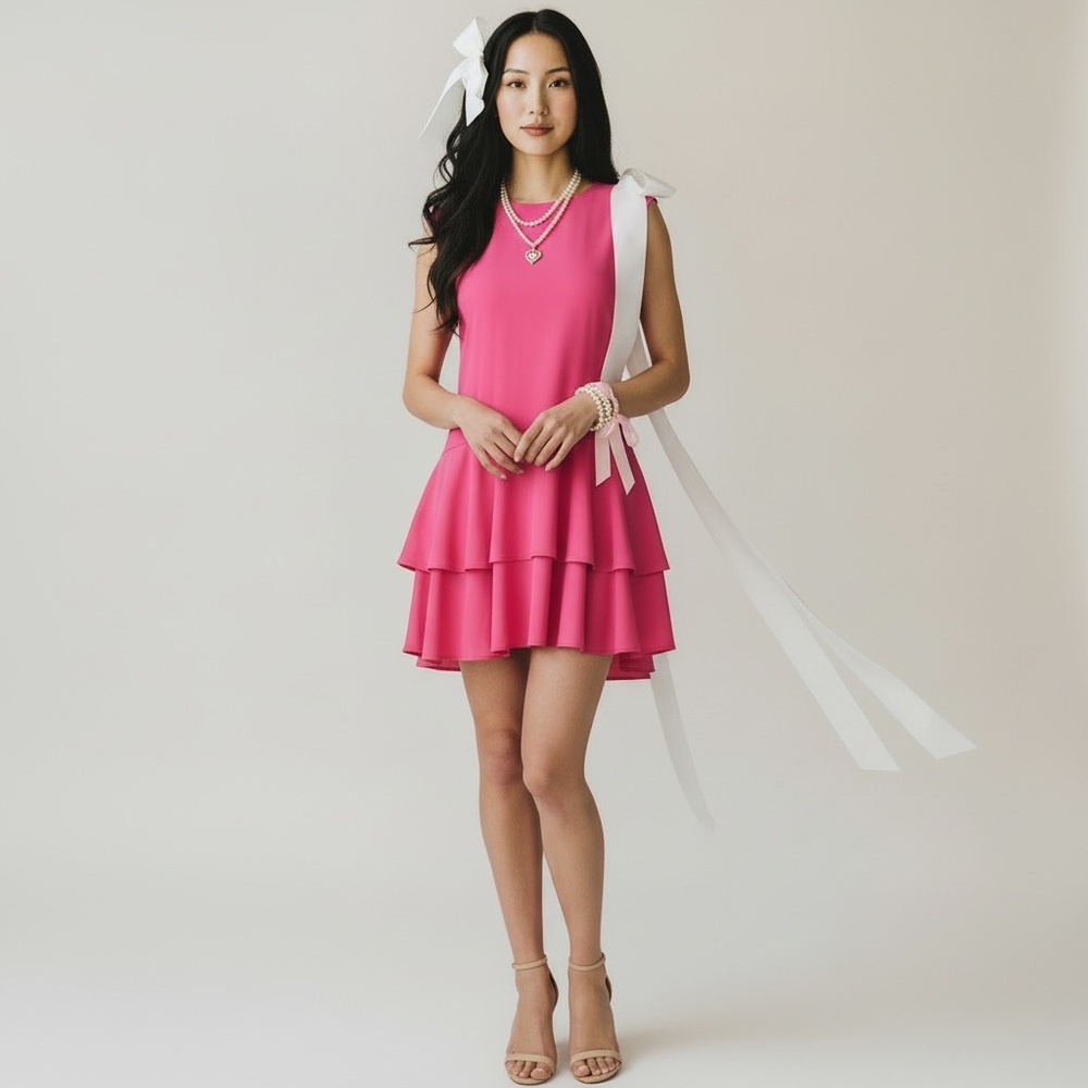 Cece Cynthia Steffe Pink Tiered Ruffle Drop Waist cap sleeve Kawaii Girl Dress - Picture 4 of 12